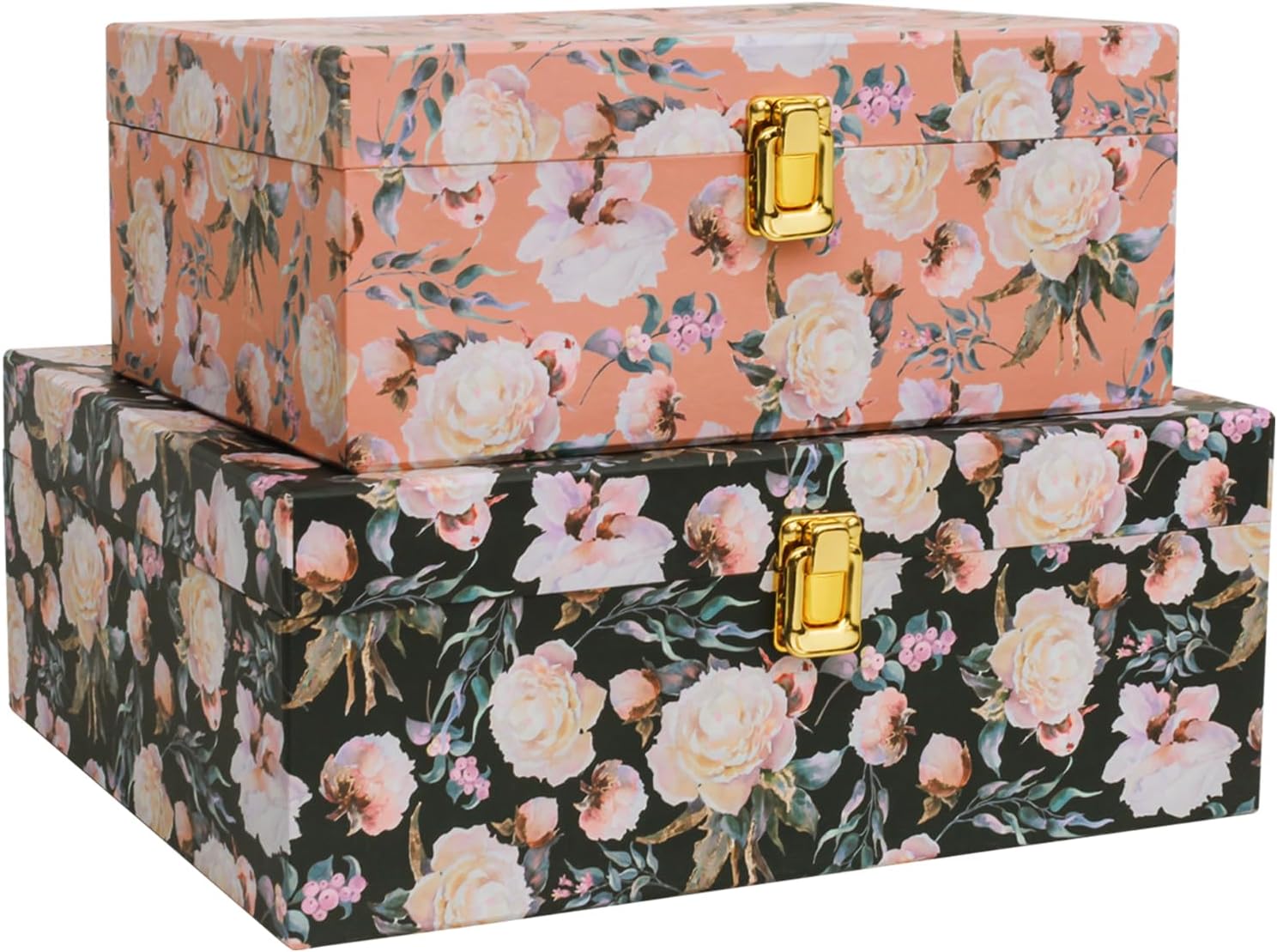 2-Piece Vintage Floral Keepsake Boxes with Lids, Romantic Botanical Garden Design, Decorative Cardboard Memory Storage with Gold-Tone Accent, Elegant Home Décor Storage