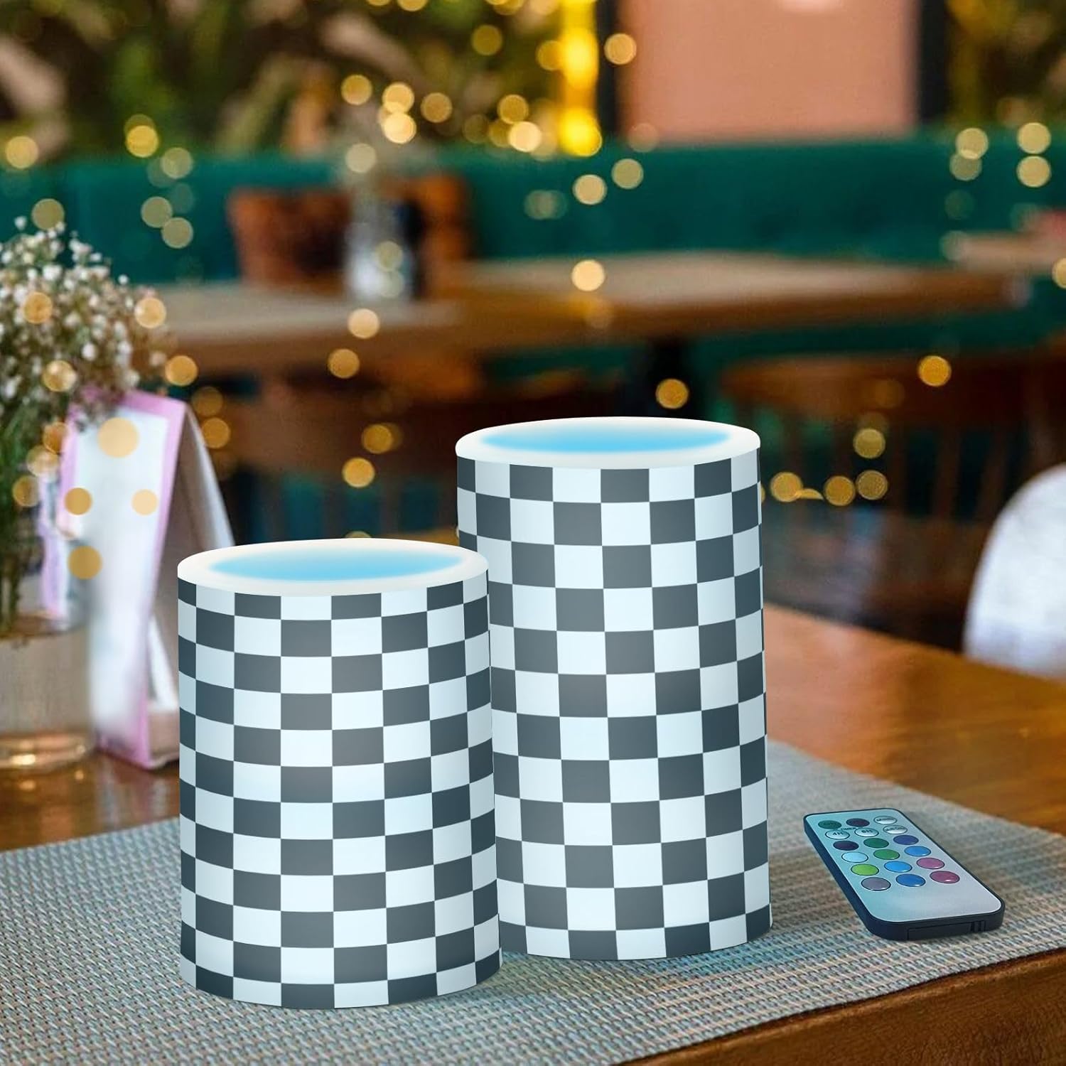 Black White Checkered Flickering Flameless Candles LED Battery Operated with Remote Timer Pillar Candles for Home Birthday Wedding Christmas Decor, Set of 2