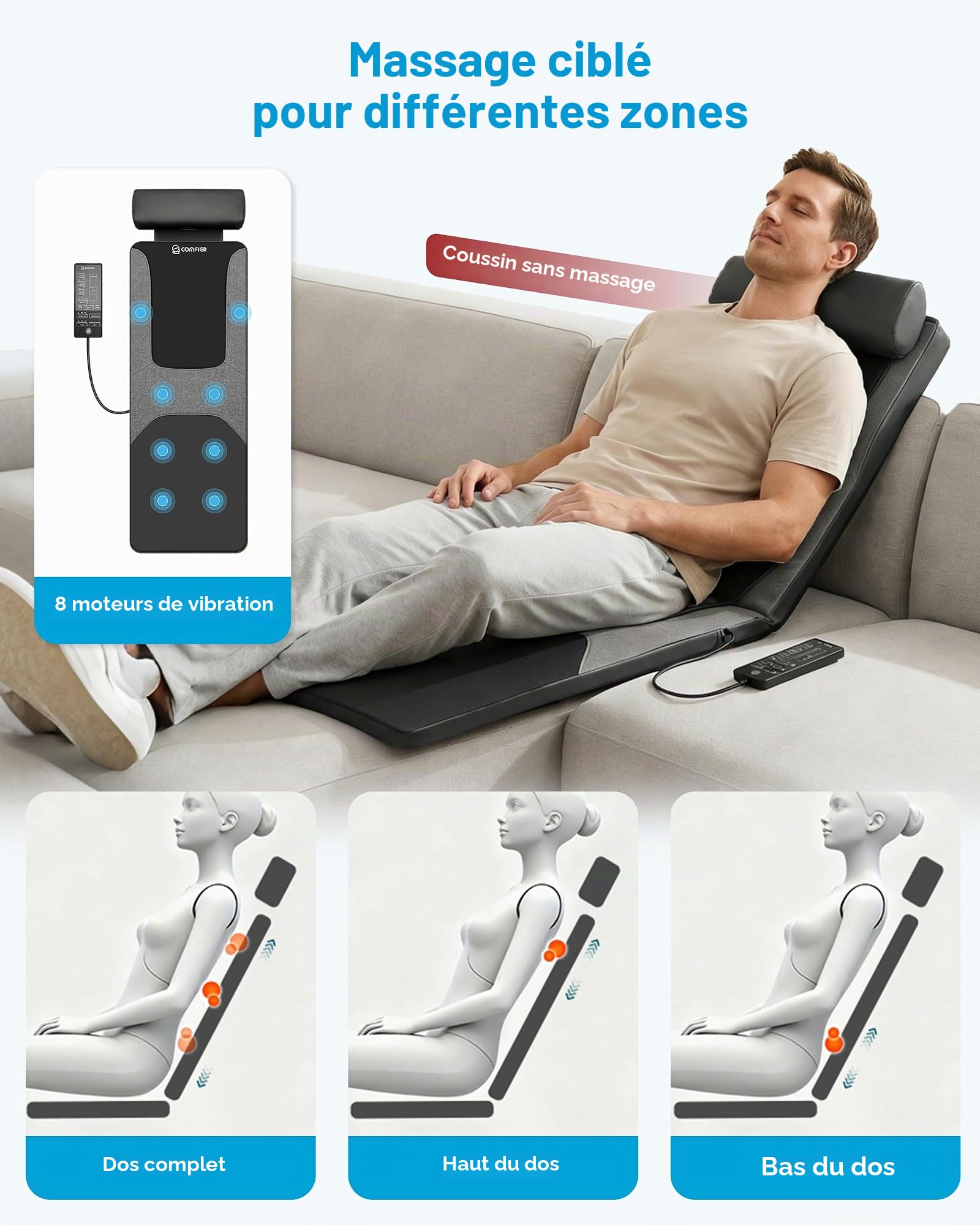 COMFIER Tapis de massage avec fonction chaleur, massage shiatsu du dos, pétrissage profond et vibration, pour chaise, canapé et lit, cadeau pour maman et papa