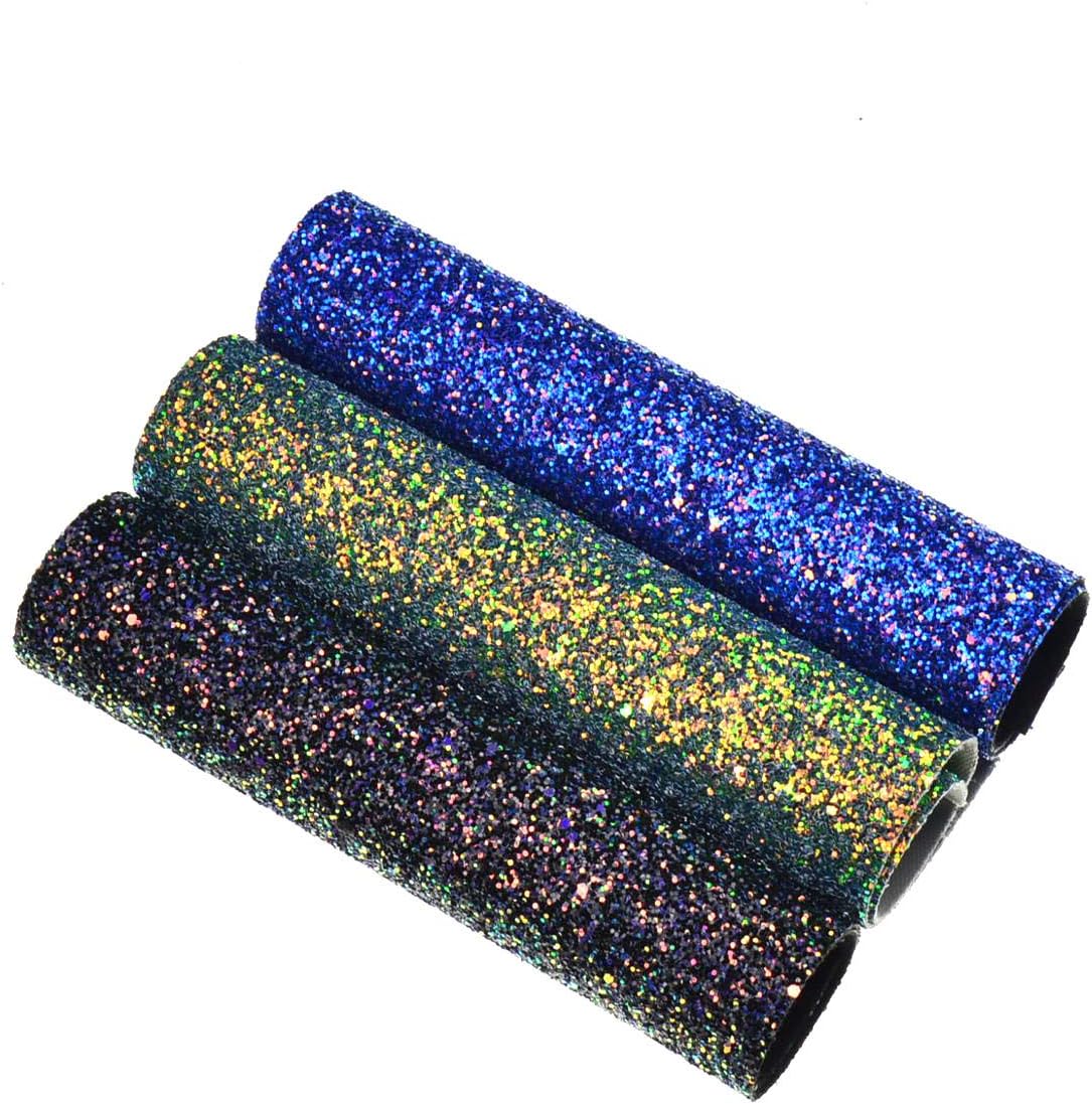 Faux Leather Chunky Glitter Canvas Sheets- 3 Pieces Assorted Colors A4 Size（8 X 12 Inch）Shiny Glitter Fabric Sheets for Bows, Earrings, Hair Accessories Making(3 Colors, Each Color One Sheet）