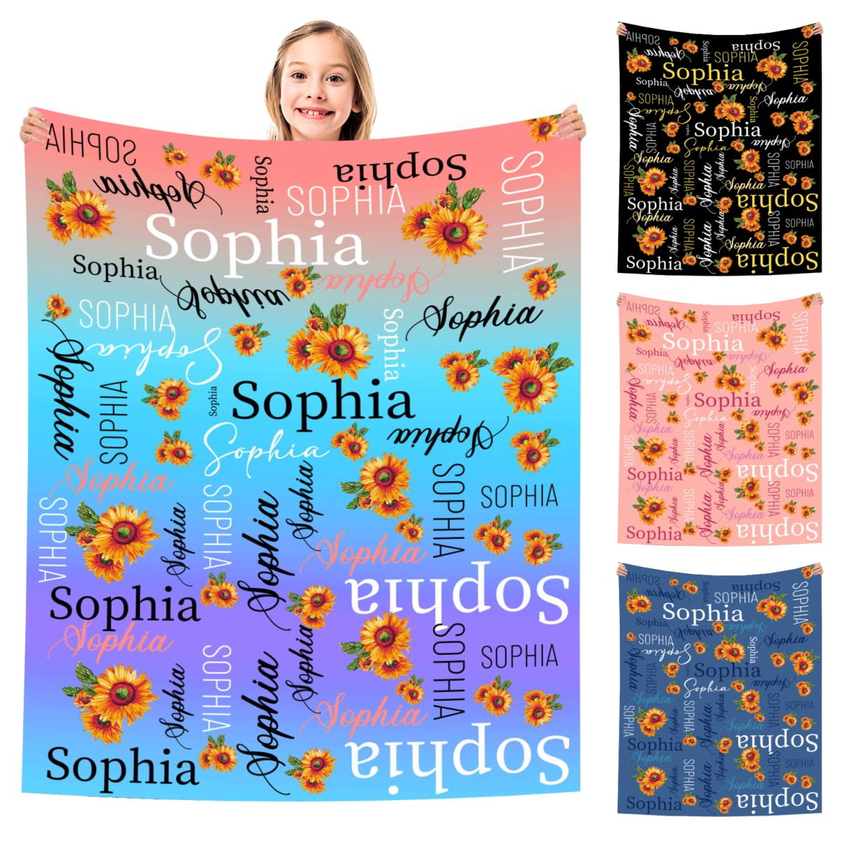 MyPupSocks Custom Blanket with Name for Baby Sunflower Adult Kids Name Blanket Personalized Blankets for Boys Baby Girl Gifts (7 Sizes)