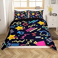 Vista 3 de Juego de funda de edredón estilo Memphis, tamaño matrimonial, diseño abstracto colorido con puntos funky para niños y niñas, funda de edredón