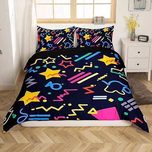 Miniatura 3 de Juego de funda de edredón estilo Memphis, tamaño matrimonial, diseño abstracto colorido con puntos funky para niños y niñas, funda de edredón