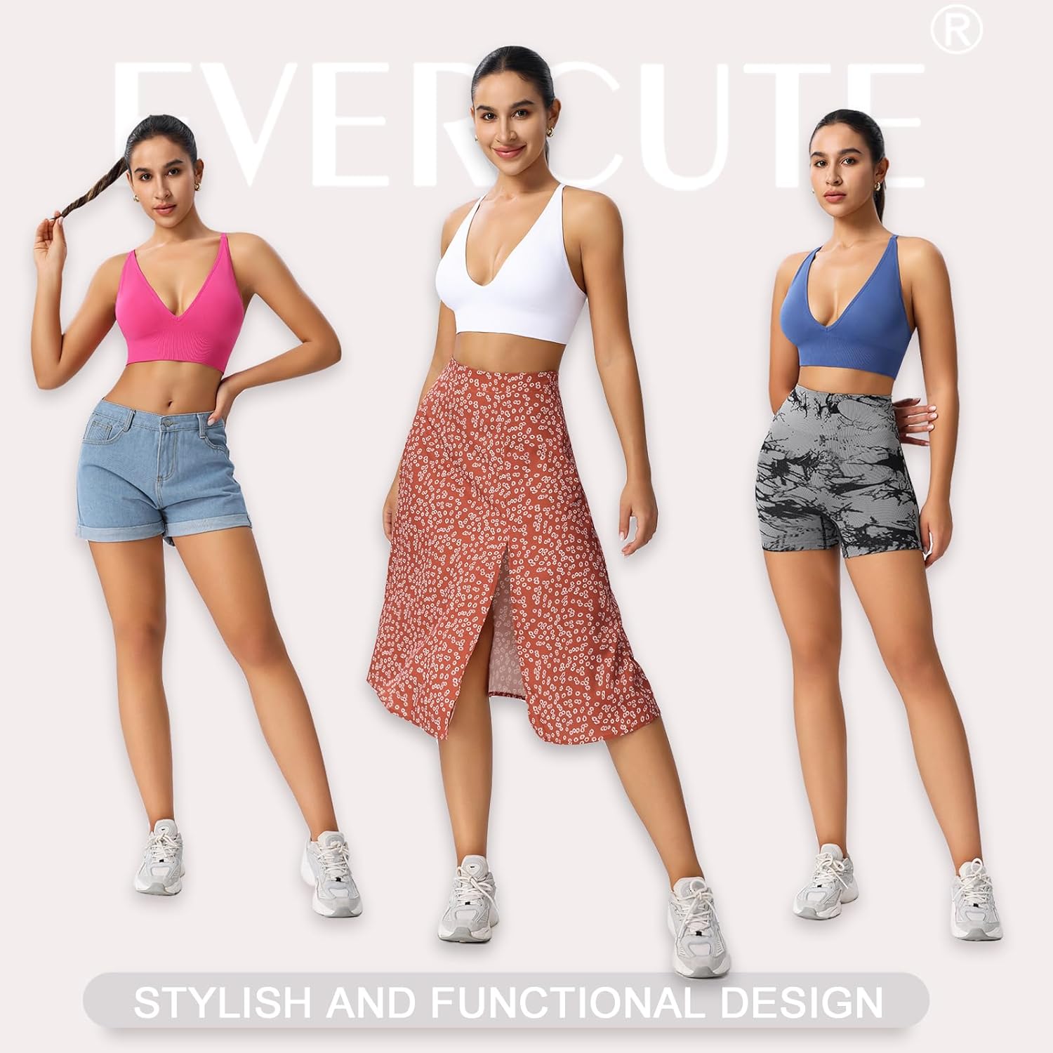 Evercute Women's Sports Bras 3/4 Pack Adjustable Deep V Neck Bras Wireless Spaghetti Strap Criss Cross Padded Low Support Bra - Image 5