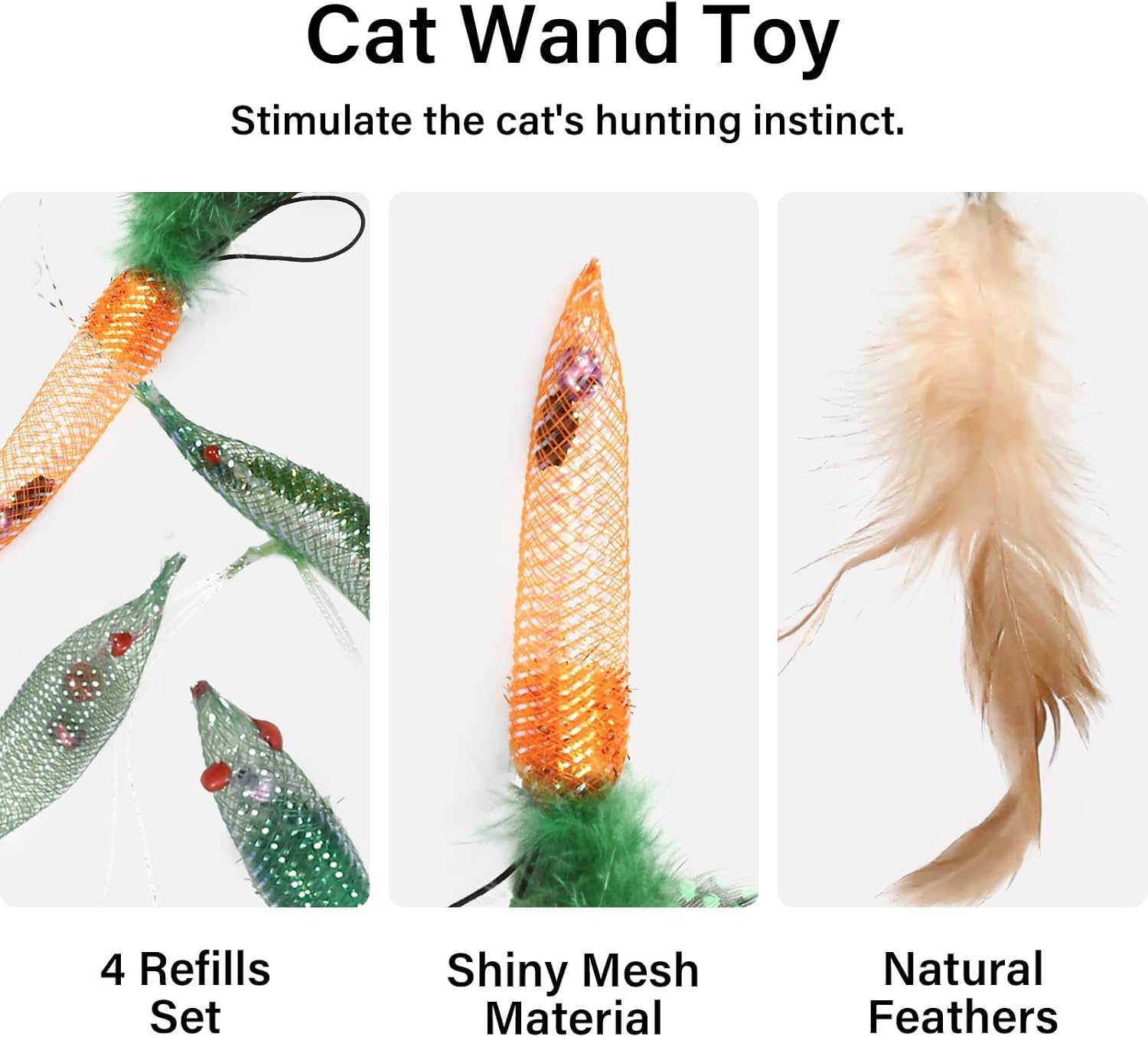 4 Refills Set for Cat Wand Toy - Carrot, Shrimp, Mouse, Fish, with Natural Feathers, Soft & Elastic, Shiny Mesh, Ideal for Interactive Cat Play