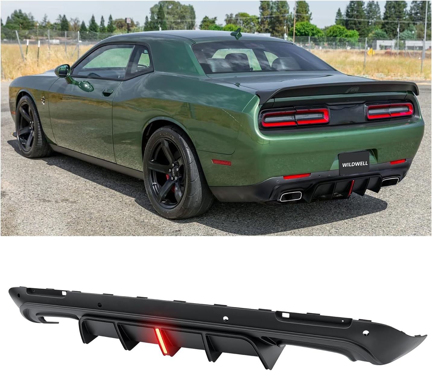 WildWell Rear Bumper Diffuser with LED Light for 2015-2024 Dodge Challenger SRT,Hellcat,Redeye,SXT,GT,RT,Scat Pack,392 and TA, Rear Diffuser Lip Spoiler Splitter Aggressive Style Matte Black