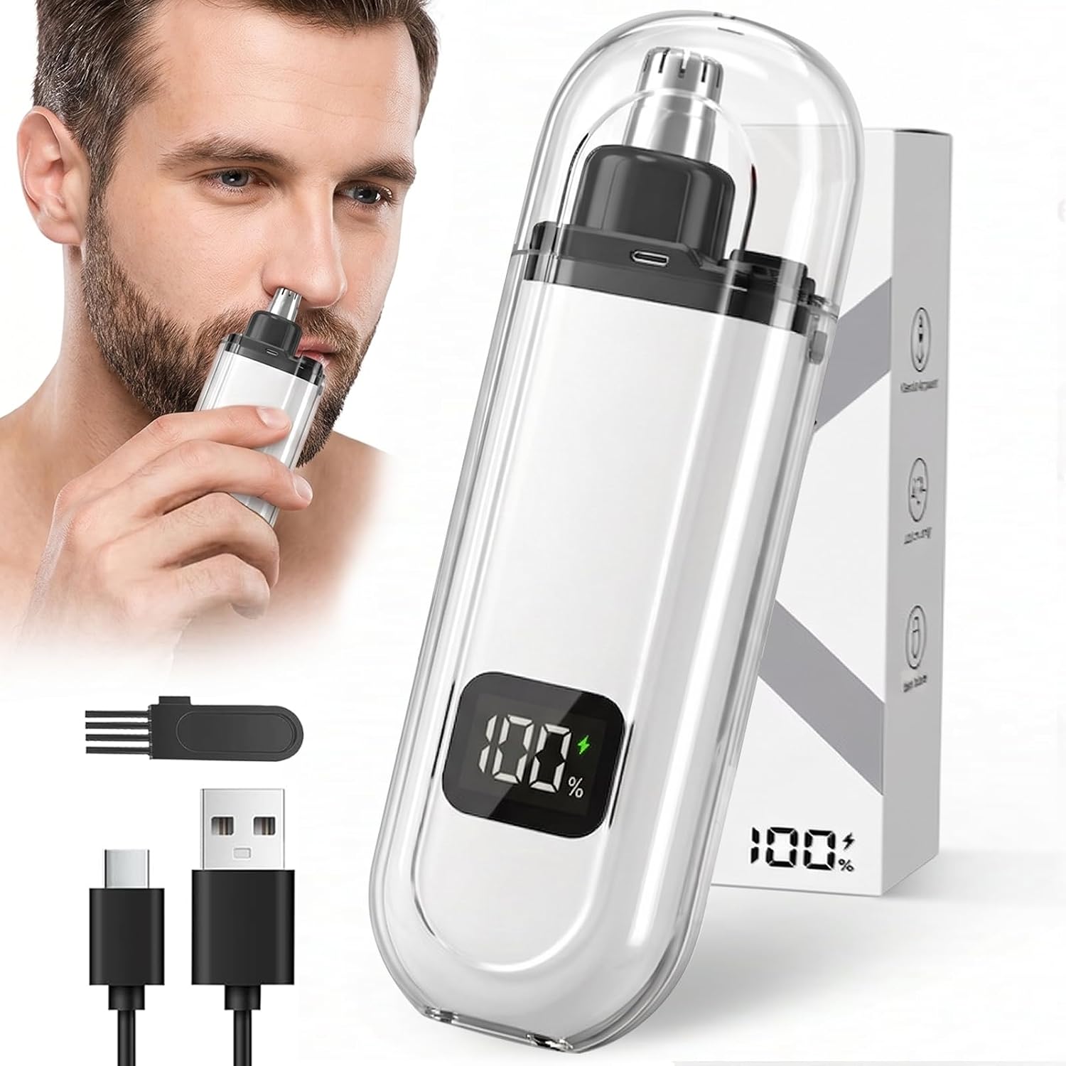 USB Nose and Ear Hair Trimmer for Men and Women Electric Nose Clipper with LED Power Display, Water-Resistant Dual-Edge Blades, High-Speed Motor, Gentle Grooming for Travel, White