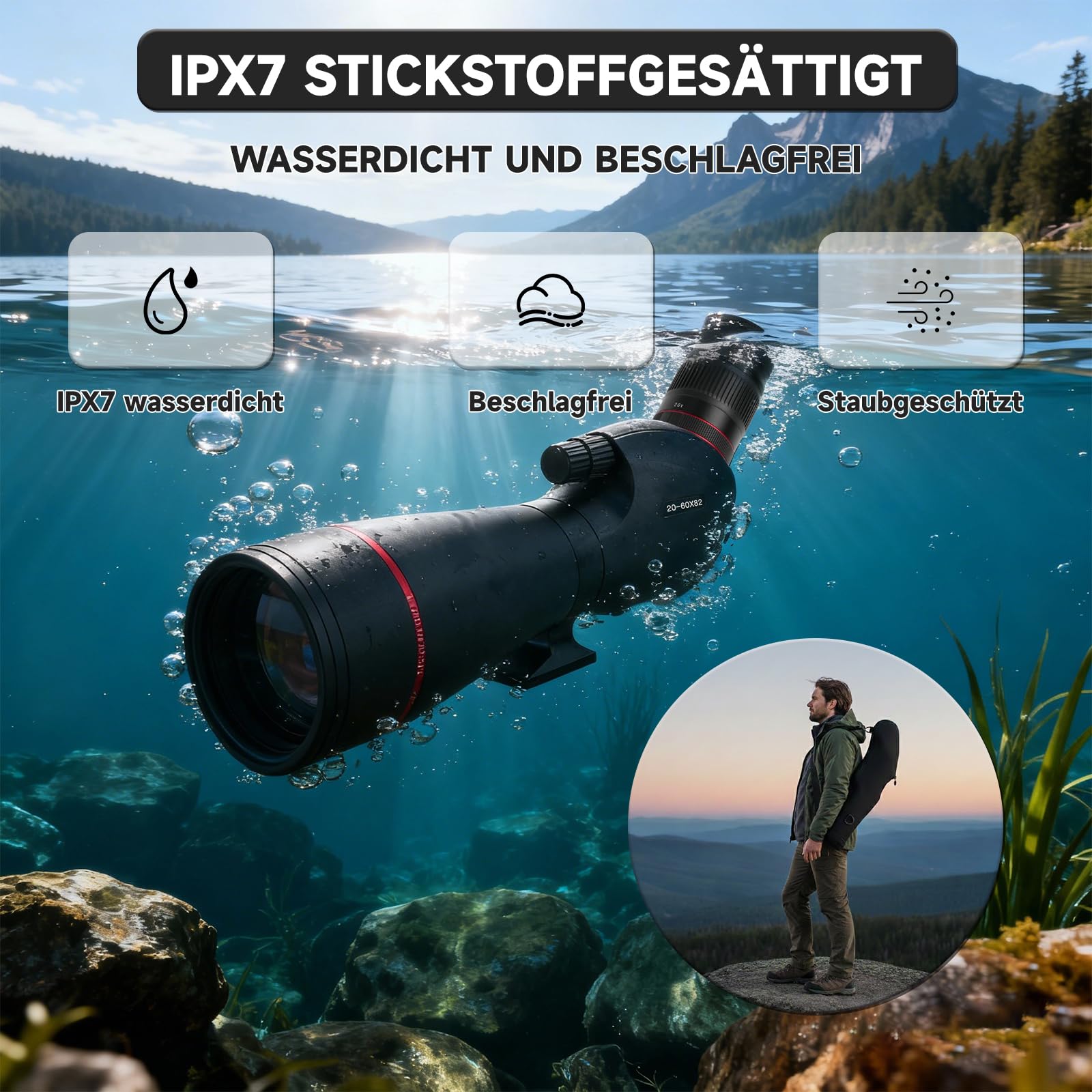 Spektiv 20-60x82 BAK4 FMC – IPX7 Wasserdichtes Fernrohr mit 27mm Okular für Vogelbeobachtung Jagd