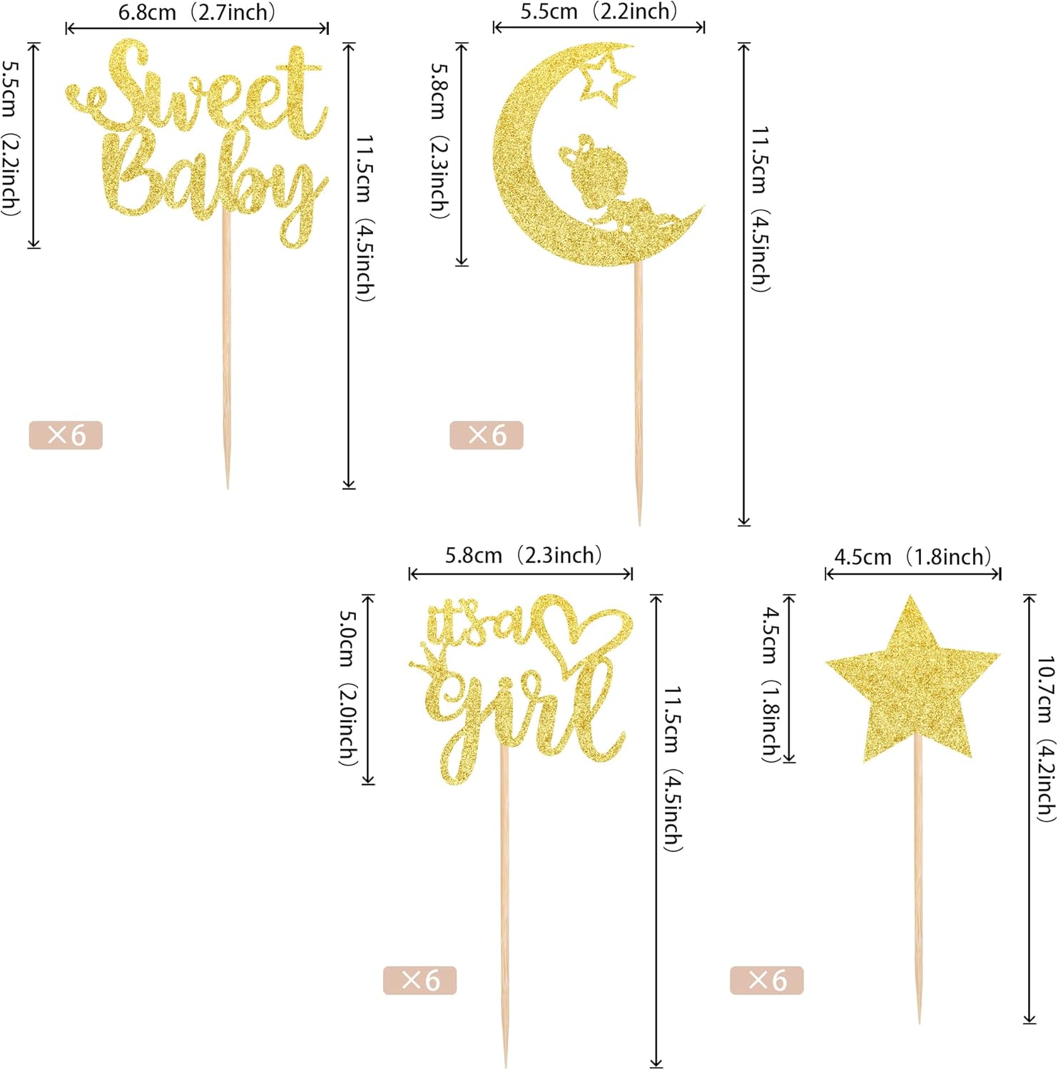 36 PCS It's a Girl Cupcake Toppers with Moon Glitter Star Sweet Baby Gender Reveal Cupcake Picks Baby Shower Kids Girls Birthday Party Cake Decorations Supplies Gold - Image 2