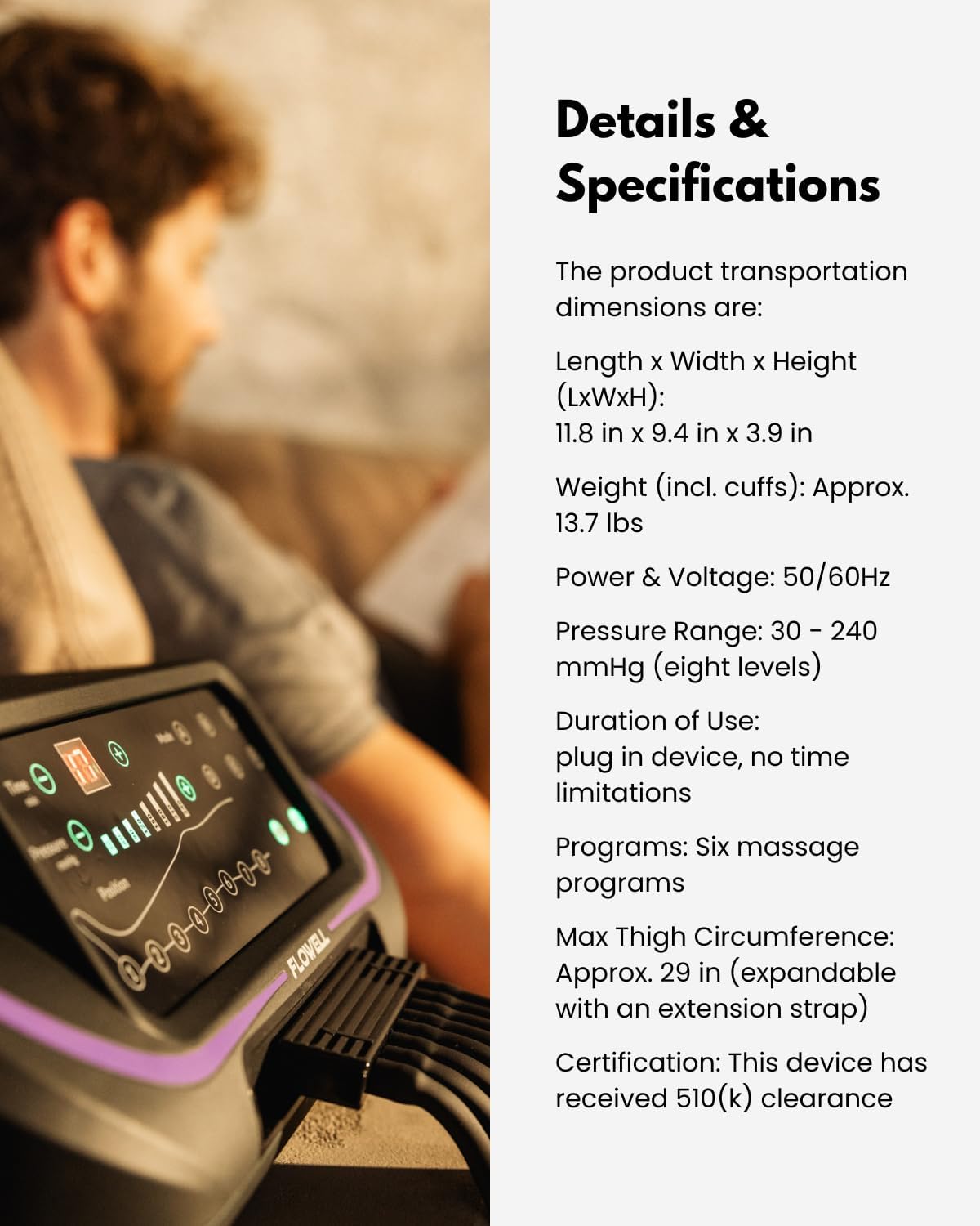 Flowell Air Pressure Therapy System – FDA Cleared (K243791) Powered Inflatable Tube Massager with 6-Chamber Full-Leg Compression Sleeves