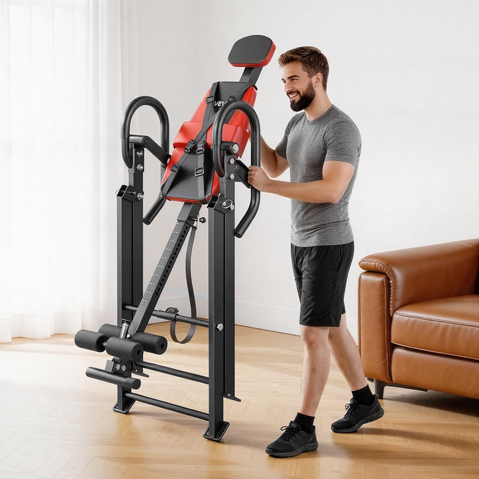VEVOR Tavolo ad Inversione Fitness, Panca ad Inversione Carico Max 136 kg Pieghevole, Attrezzatura per Decompressione di Collo Schiena da Palestra Sviluppo Muscolare, Stretching, Cinghia Regolabile