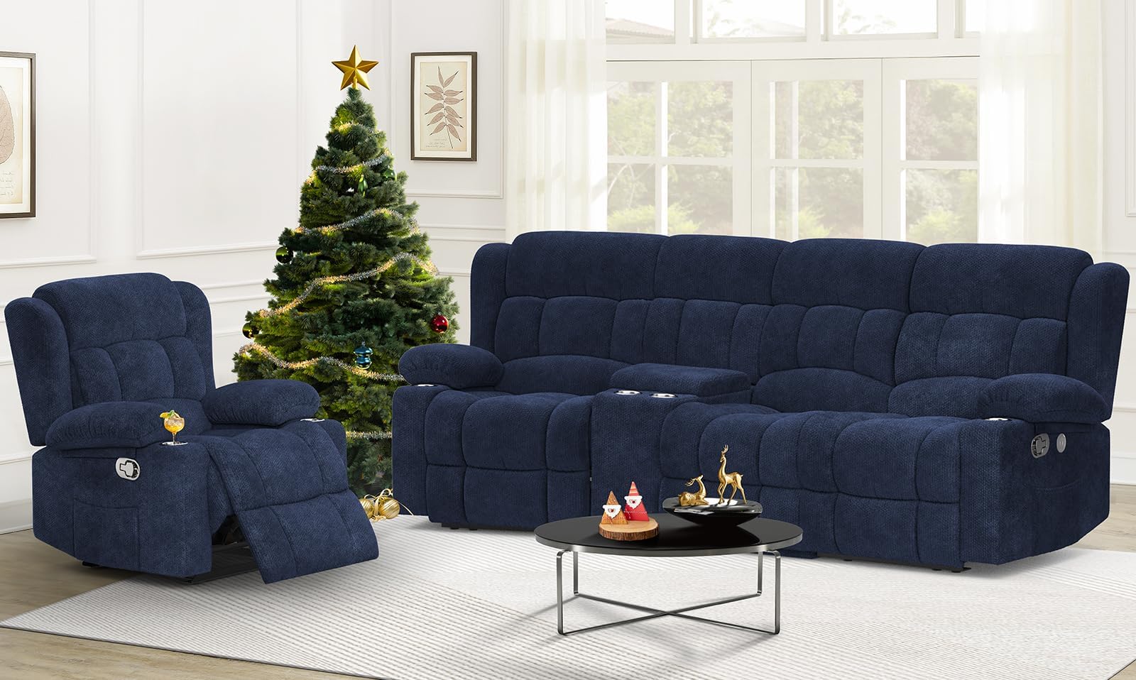 Recliner Sofa Set with Storage Console, Flip Middle Backrest Design 3 Seater Reclining Sofa and Single Recliner Chair, Manual Couches for Living Room (Blue, 3 Seat+Console+1)