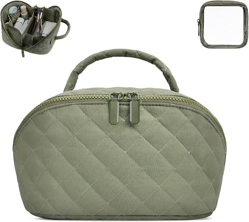 Necessaire de maquiagem SXS LACONIC acolchoada, abertura de 180°, com divisórias e zíper, verde