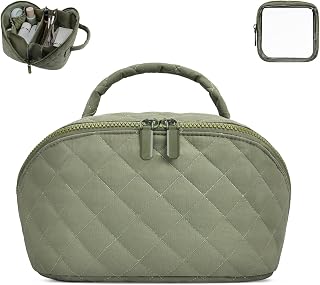 Makeup Bag,Quilted Puffer Cosmetic Bag for Women, 180° Lay-Flat Travel Make up Bag, Waterproof Large Capacity Toiletry Bag with Sturdy Zippers, Portable Makeup Organizer for Travel & Daily Use