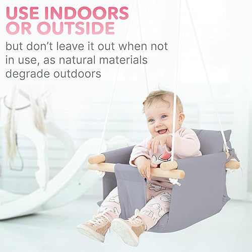 Miniatura 7 de CaTeam - Columpio de lona para bebé, silla colgante de madera con cinturón de seguridad, columpio duradera para bebé, columpio para exteriores e