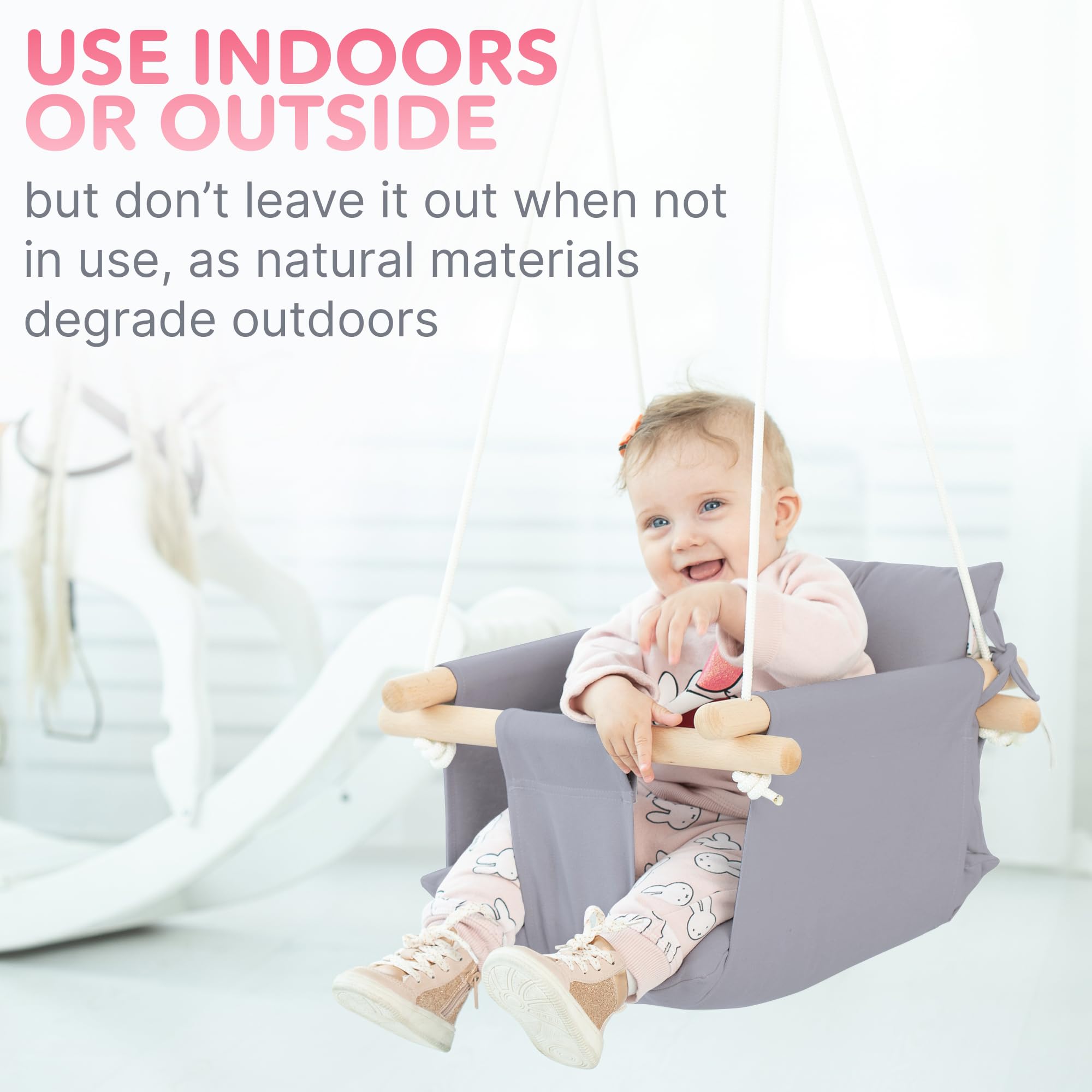 CaTeam - Balançoire pour bébé en Toile, balançoire Suspendue en Bois avec Ceinture de sécurité, Chaise hamac Durable pour bébé, balançoire extérieure et intérieure pour Enfants, Gris Taupe
