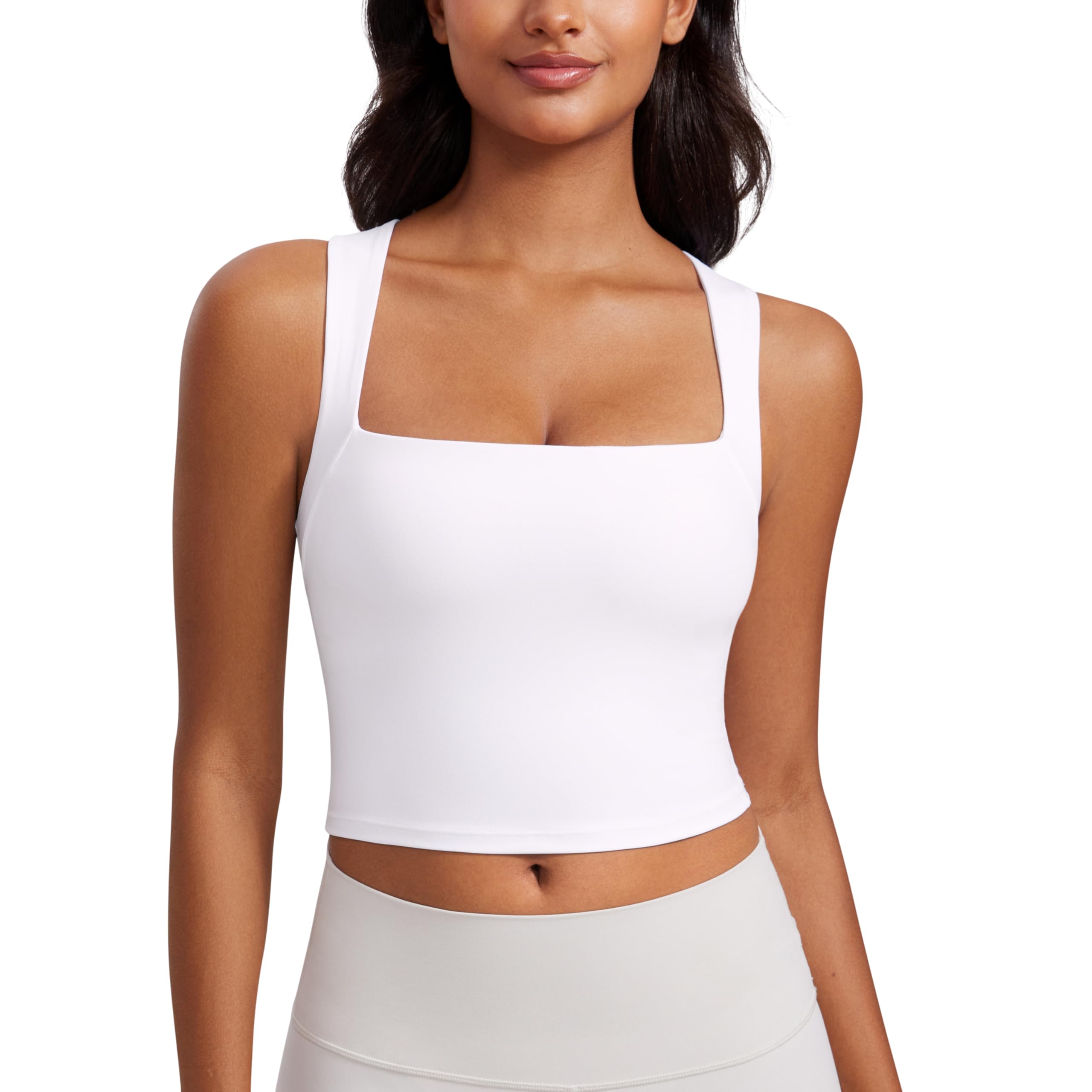 CRZ YOGA Women's Butterluxe Longline Square Neck Sports Bras Bralettes Yoga Outdoor Comfortable Bras with Built in Bra White 12