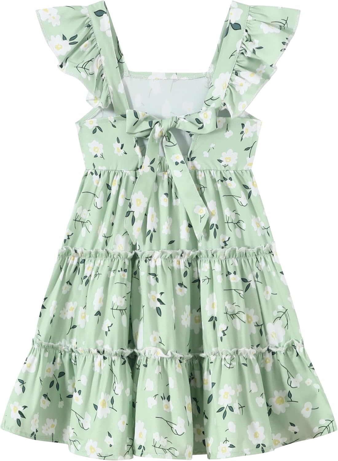 Girl Summer Dress Floral Ruffle Sleeve A Line Swing Casual Dresses Tie Back Cute Tiered Sundress 4-12Y - Image 4