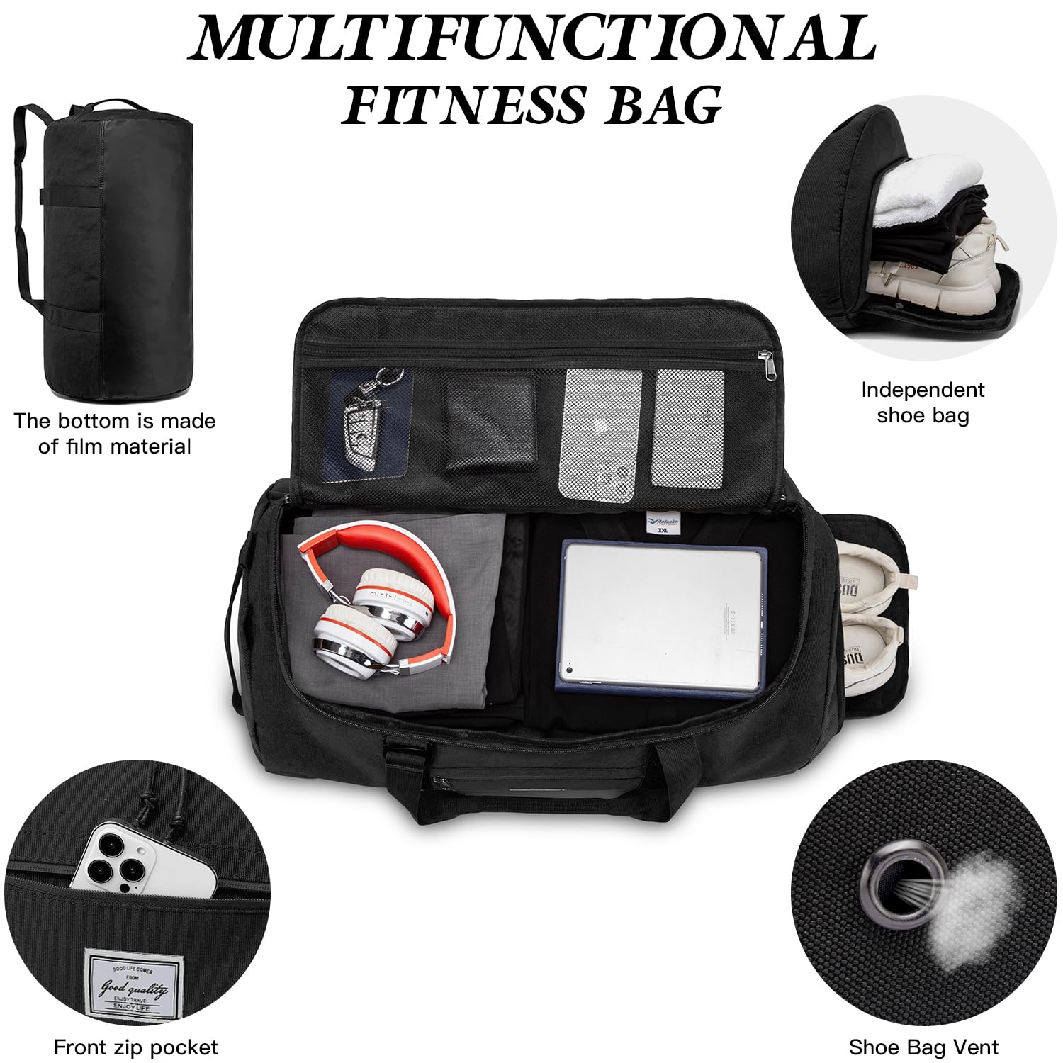 Bolsa de deporte para hombre, grande, 60 L, bolsa de viaje, bolsa de deporte, mochila con compartimento para zapatos, bolsa de entrenamiento para mujer, bolsa de fitness, bolsa de gimnasio, Negro
