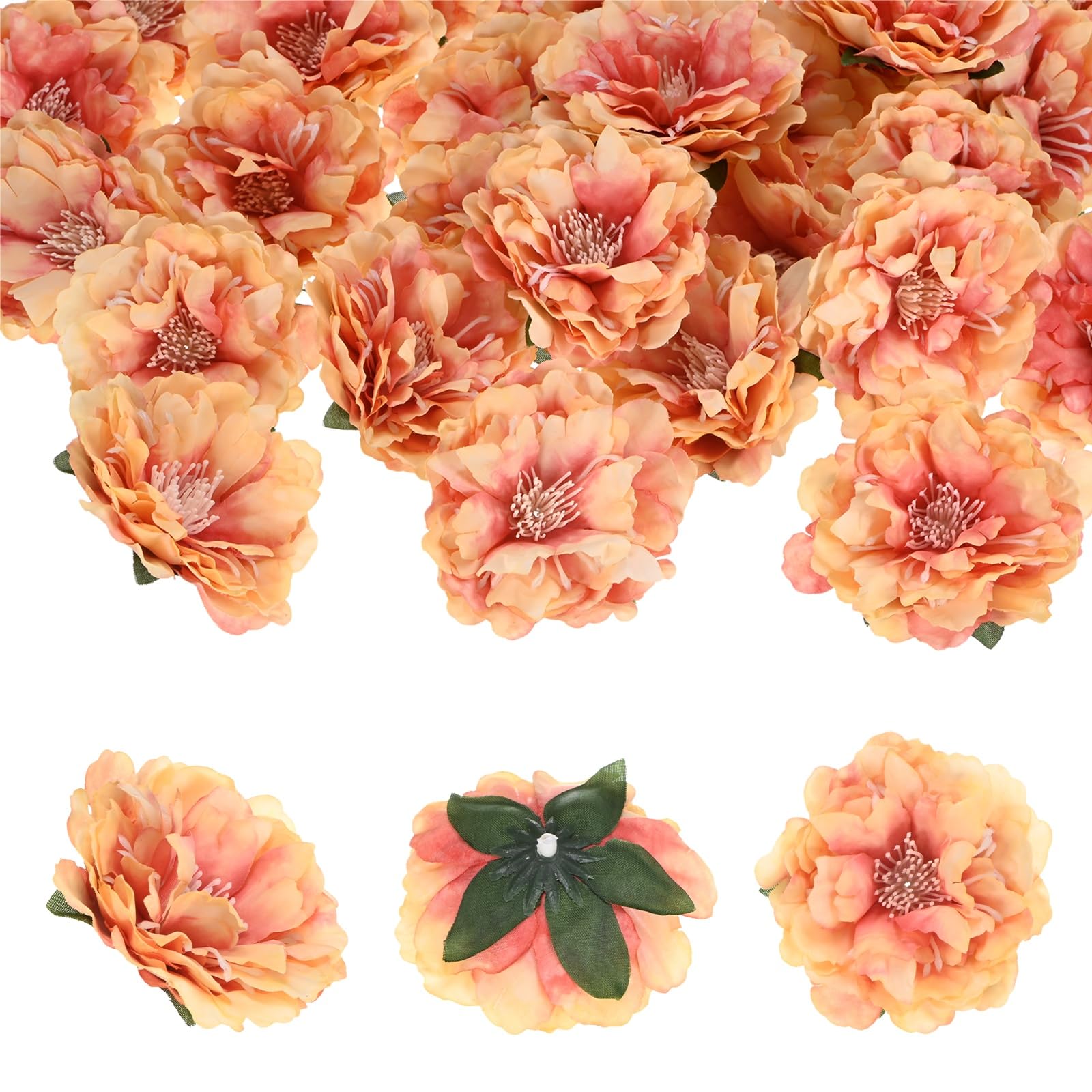 Pivoines artificielles en soie orange de 6 cm pour bouquet et mariage (Lot de 16 têtes)
