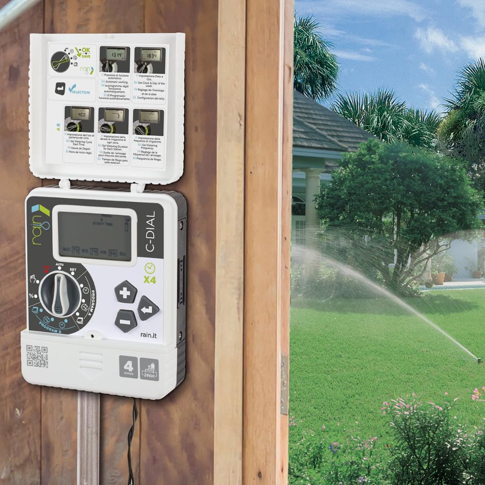 DI GIULIO SRL Rain C-Dial Centralina Irrigazione, Timer da Parete, Nero e Bianco, Plastica, 6 Zone, 2 Programmi, per Giardino e Orto Indoor (4 Zone)
