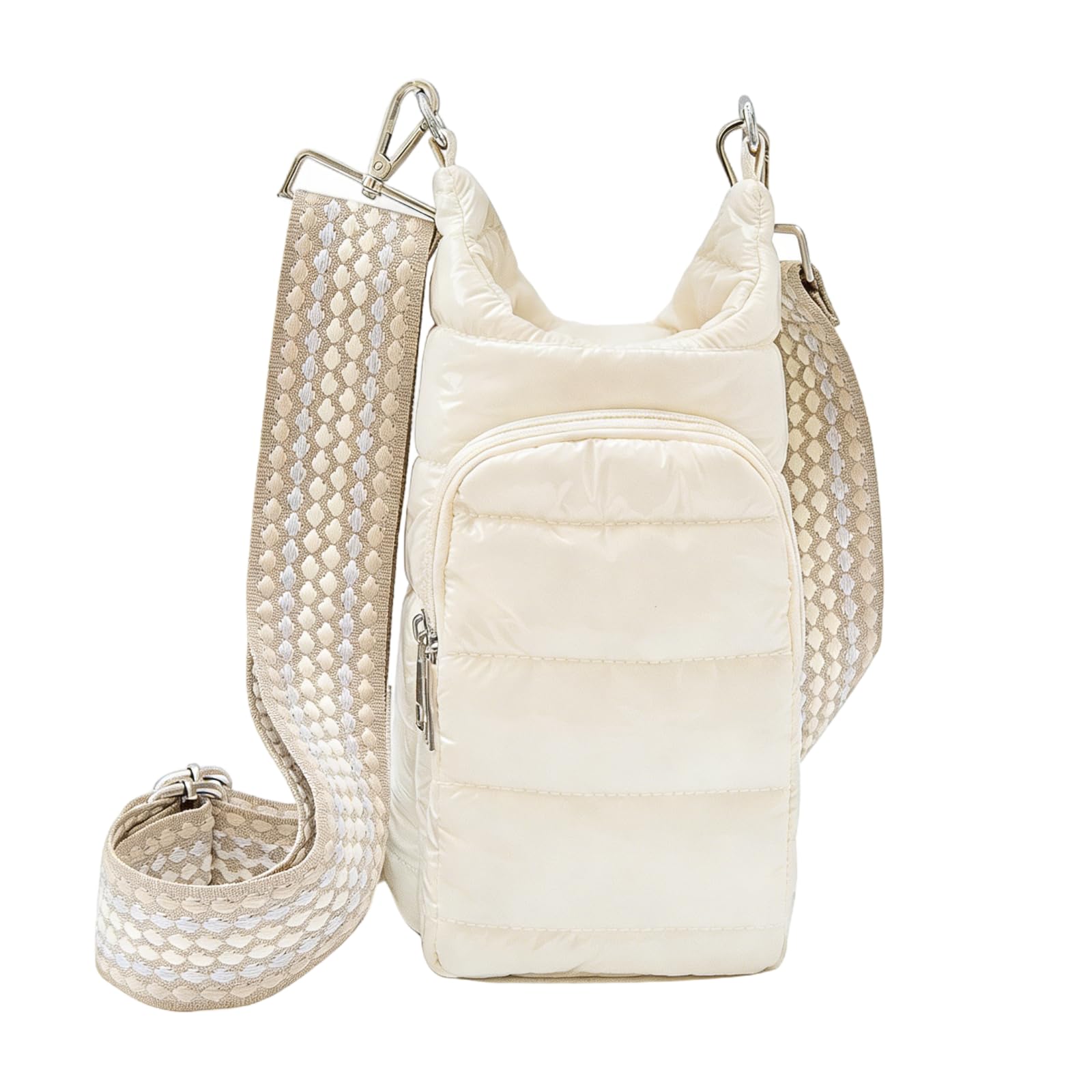 Wasserflaschen-Tasche mit abnehmbarem Riemen, 29 cm, Crossbody-Trinkflaschenhalter für Reisen und Wandern, modisches gestepptes Puffer-Design, Vordertasche, leichte Polyester-Tasche zum