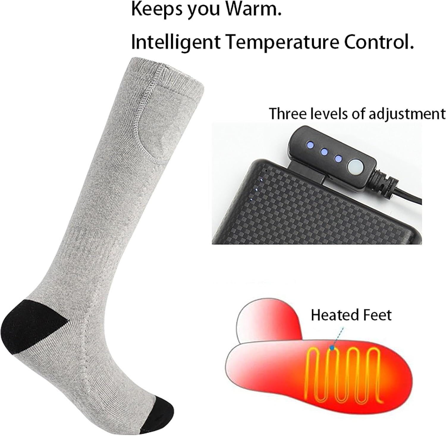 Rechargeable Electric Heated Socks, Heating Socks, 4000mAh 5V/2A Men Women Hiking Foot Warmers, 3-speed Temperature Control for Motorcycle Camping Skiing Outdoors Men's Calf Socks ( Color : Black , Si