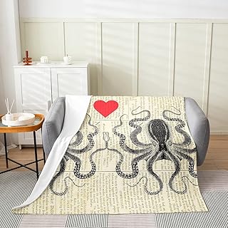Octopus Couple Flannel Blanket for Boys Girls Kids Super Soft Warm Red Heart Pattern Fleece Blanket Vintage Newspaper Throw Blankets Octopus Pattern Bed Blanket Gifts for Teens Women(Queen 90