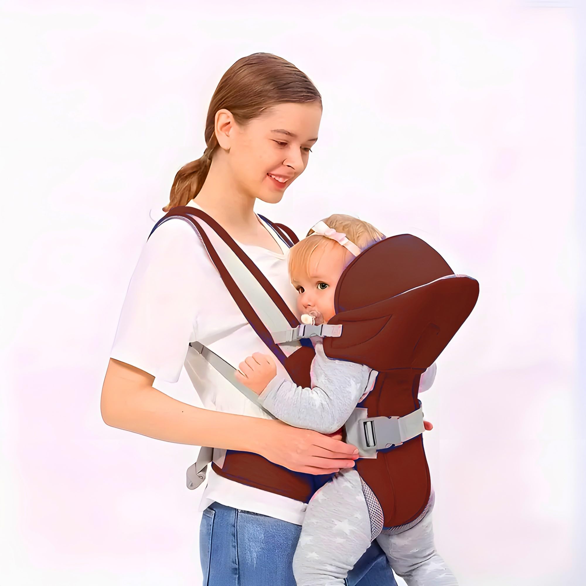 ZETO Front Carry Facing Carrier Bag, Adjustable Hands-Free 4-in-1 Baby/Sling Carrier Bag, Child Safety Strip, and Baby Back Carrier Bag (RED) (Brown)-image-15