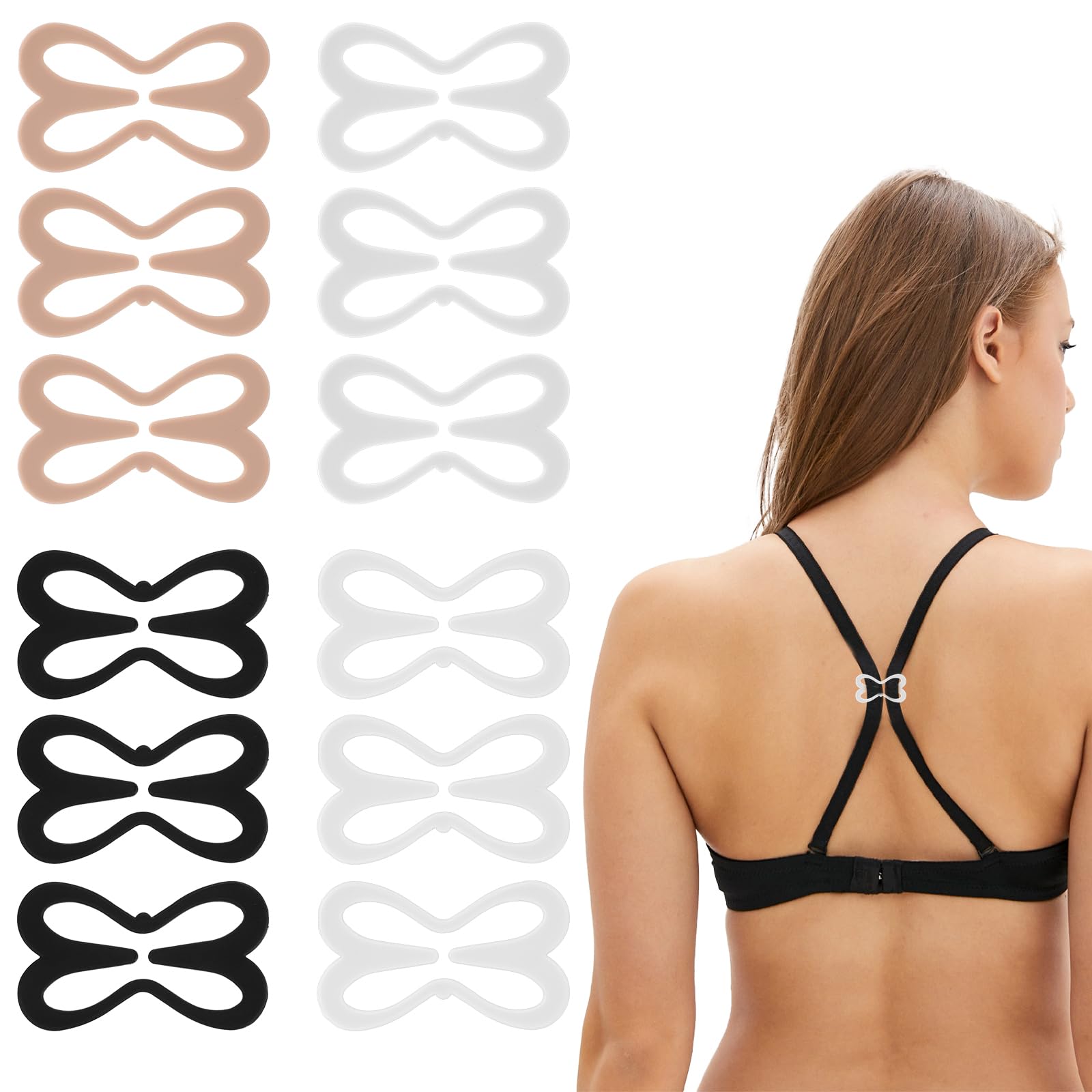 Molain12Pcs Bra Strap Clips to Make Racerback, Bra Straps Holder Clips for Racerback Bra Strap Holders for Slipping Conceal Straps Cleavage Control, Cross Back Convertors (Black, White, Beige, Clear)