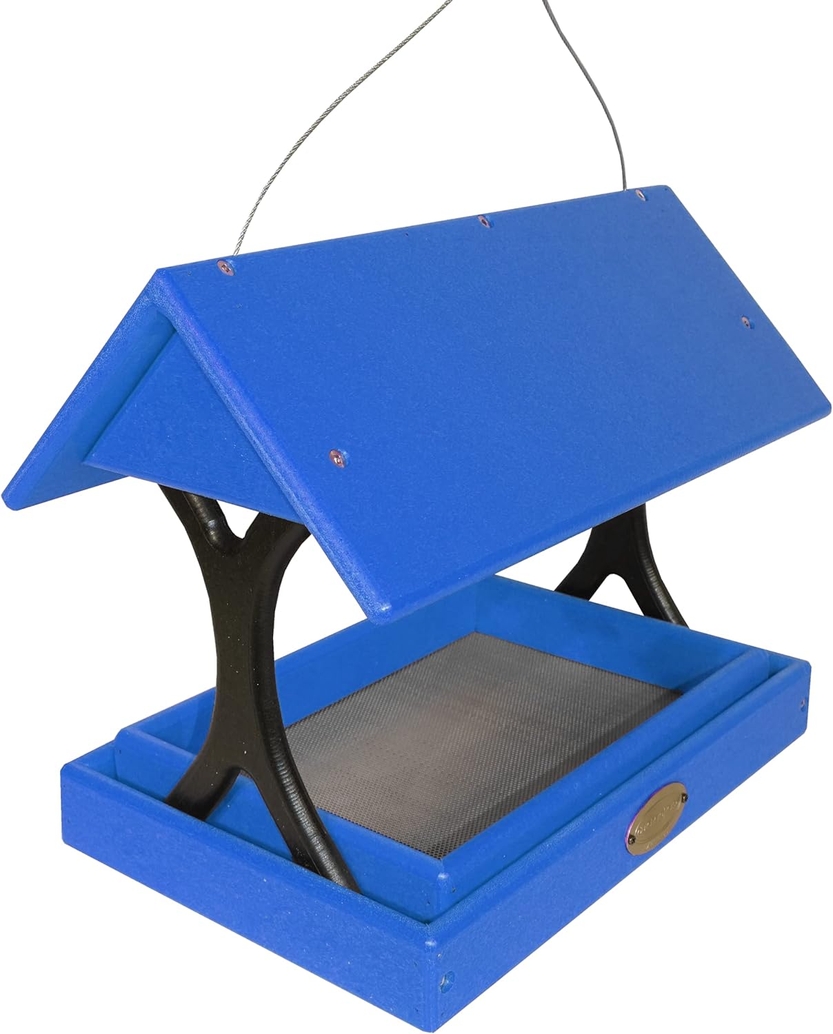 DutchCrafters Poly Plastic Fly Through Bird Feeder with Removable Tray, Covered Fly-Thru Mesh Tray Wild Bird Feeder - Amish Made in USA (Bright Blue & Black)