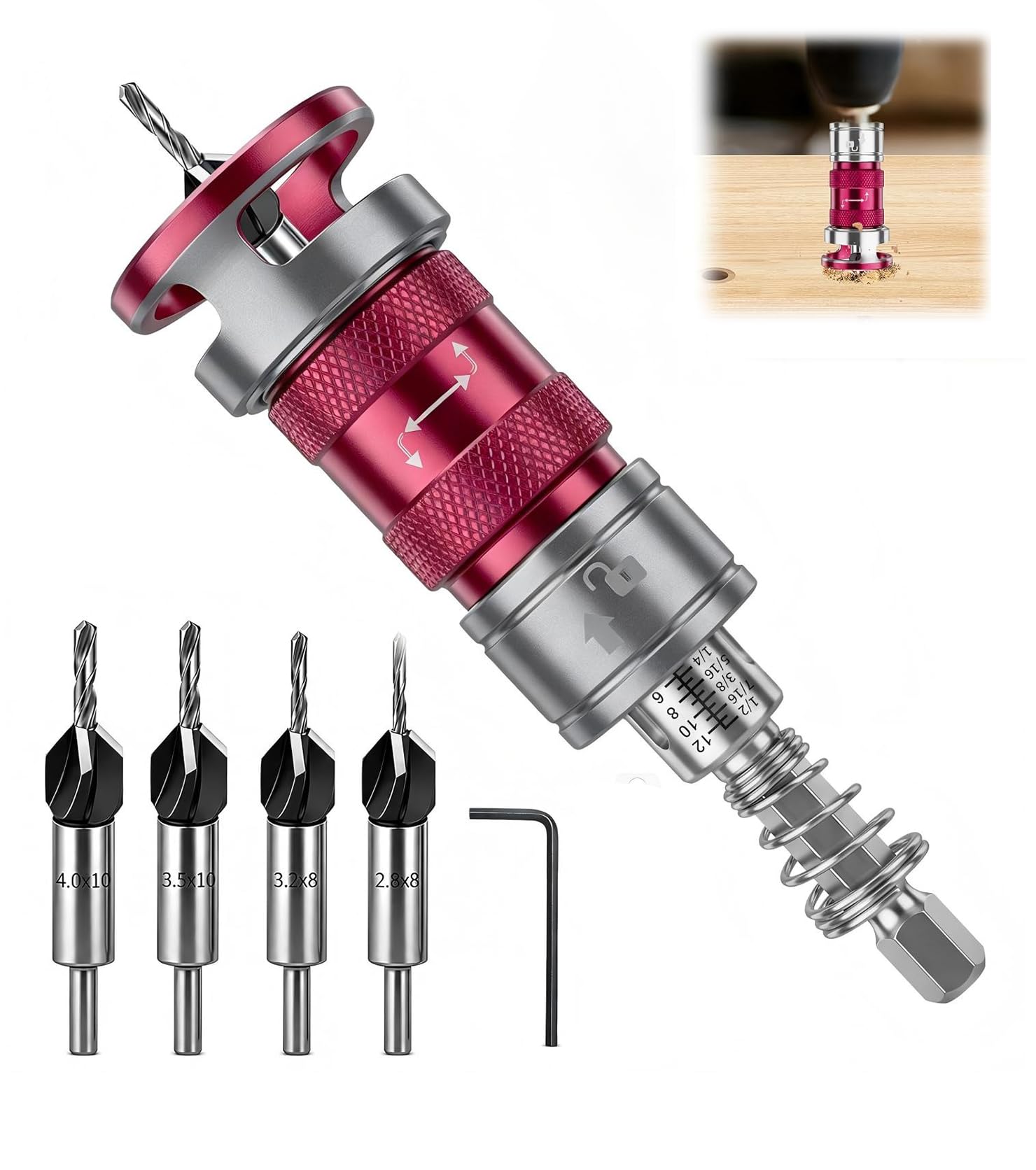 6 avellanadores cónicos para madera, broca avellanadora para madera con tope de profundidad ajustable, avellanador con vástago hexagonal de 1/4 pulgadas de HSS-M2, agujeros precisos
