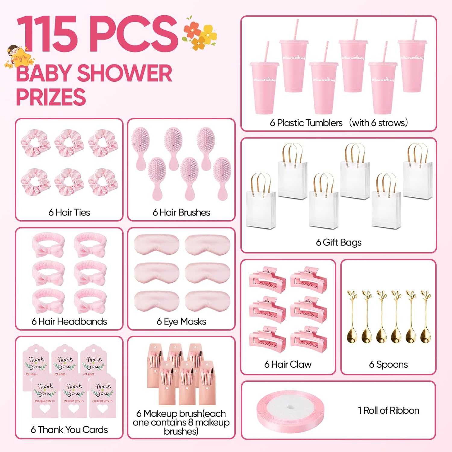 115 Pcs Baby Shower Favors for Guests Gifts Baby Shower Prizes for Game Winners Include Plastic Tumbler Spoon Headband HairBrush Eye Mask Hair Tie Claw Makeup Brushes Gift Bag (Pink)