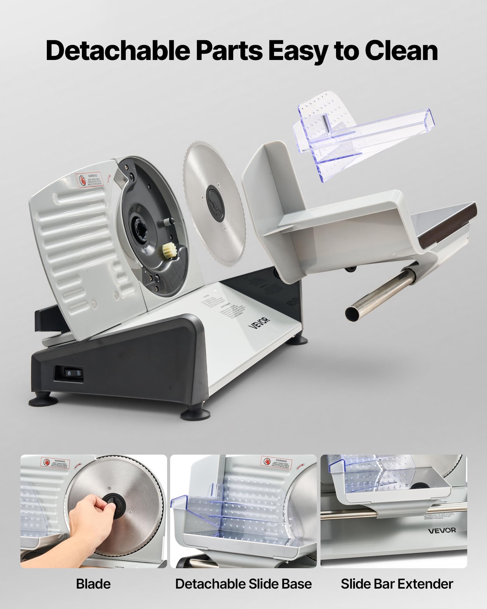 VEVOR Cortafiambres Eléctrico 200 W, Cortadora de Fiambre con Cuchilla Afilada de 190 mm, Velocidad de Corte de 70 a 100 RPM, Grosor Ajustable de 0 a 15 mm, para Carne Congelada, Jamón, Baguette