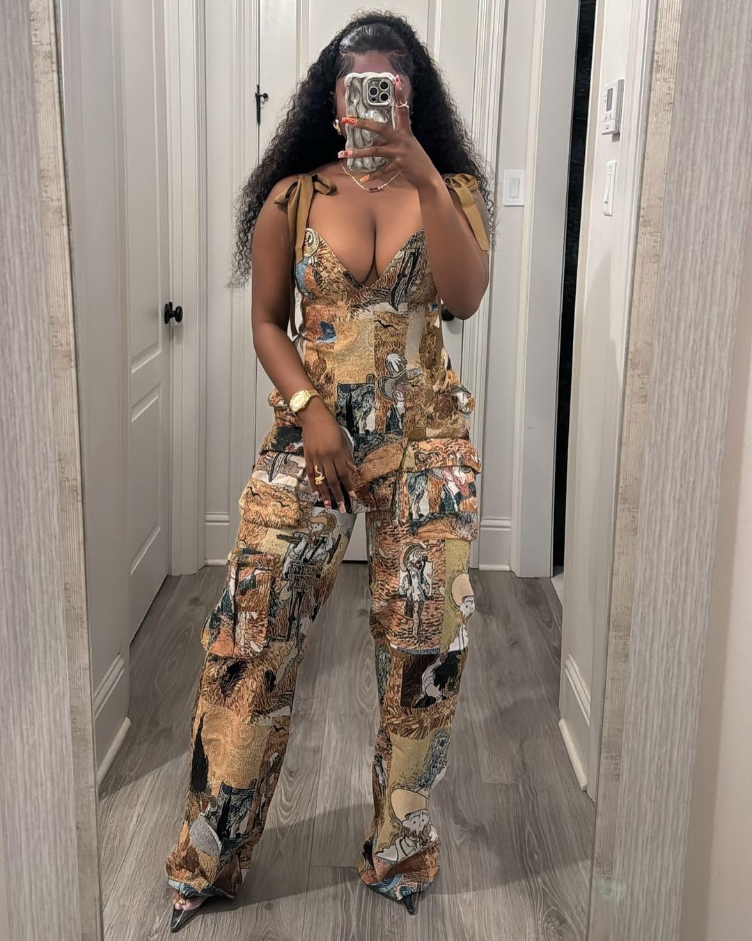 Molilove Sexy 2 Piece Sets for Women Pattern Print Sleeveless Crop Top and Wide Leg Pants with Pockets Soft Stretchy Outfits - Image 5