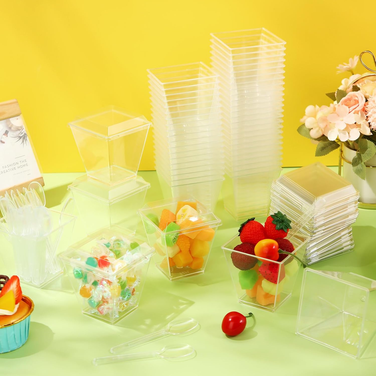 Sawysine 150 Pack 8 oz Plastic Dessert Cups with Lids and Spoons Square Parfait Cups Clear Appetizer Disposable Ice Cream Containers for Cupcake, Pudding, Snacks, Yogurt