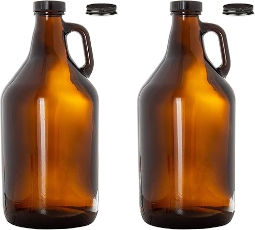 North Mountain Supply Jarra de fermentación de vidrio ámbar de 1/2 galón (64 onzas) con asa, tapa de plástico negro y tapa de metal negro, juego de 2