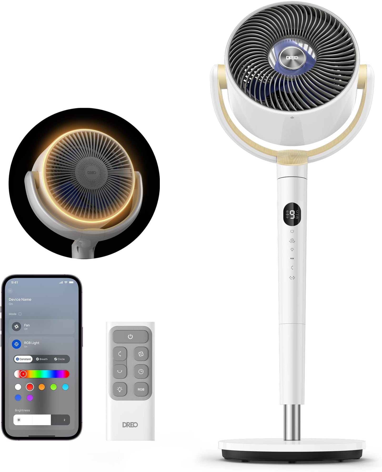 Smart Fan for Bedroom, 120° +120° Omni-Directional Oscillating Fans, 90ft Quiet Pedestal Fan with RGB Light, 9 Speeds, 6 Modes, 20dB, 8H Timer, Wi-Fi/Voice/Alexa, 37-42" Floor Fans with Remote