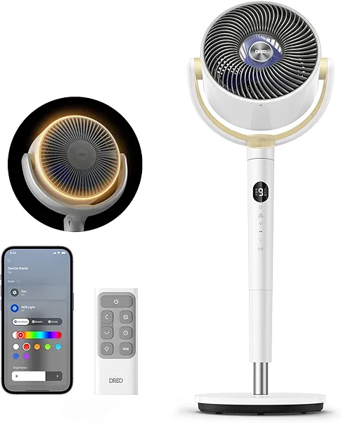 Dreo Smart Fan for Bedroom, 120° +120° Omni-Directional Oscillating Fans, 90ft Quiet Pedestal Fan with RGB Light, 9 Speeds, 6 Modes, 20dB, 8H Timer, Wi-Fi/Voice/Alexa, 37-42" Floor Fans with Remote