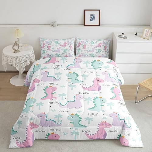Miniatura 2 de Erosebridal Juego de edredón de dinosaurio, juegos de ropa de cama de dinosaurios rosas y morados para niños y niñas, bonito edredón de animales
