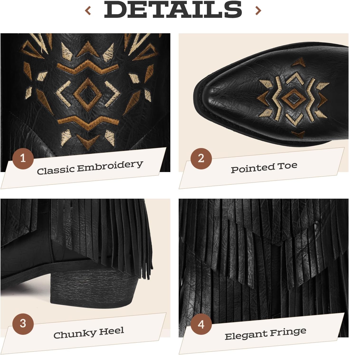 Cowboy Boots for Women - Fringe Knee High Cowgirl Boots with Classic Embroidery, Pointed Toe Pull on Retro Design, Perfect for Western Parties, Weddings and Events