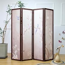 Furnnylane 4 Panel Fabric Room Divider with Pattern, 5.6 ft Tall Folding Privacy Screen for Room Separation, Thickened Wood Frame Freestanding Partition Wall, Colourful Plum 67" H x 63" W