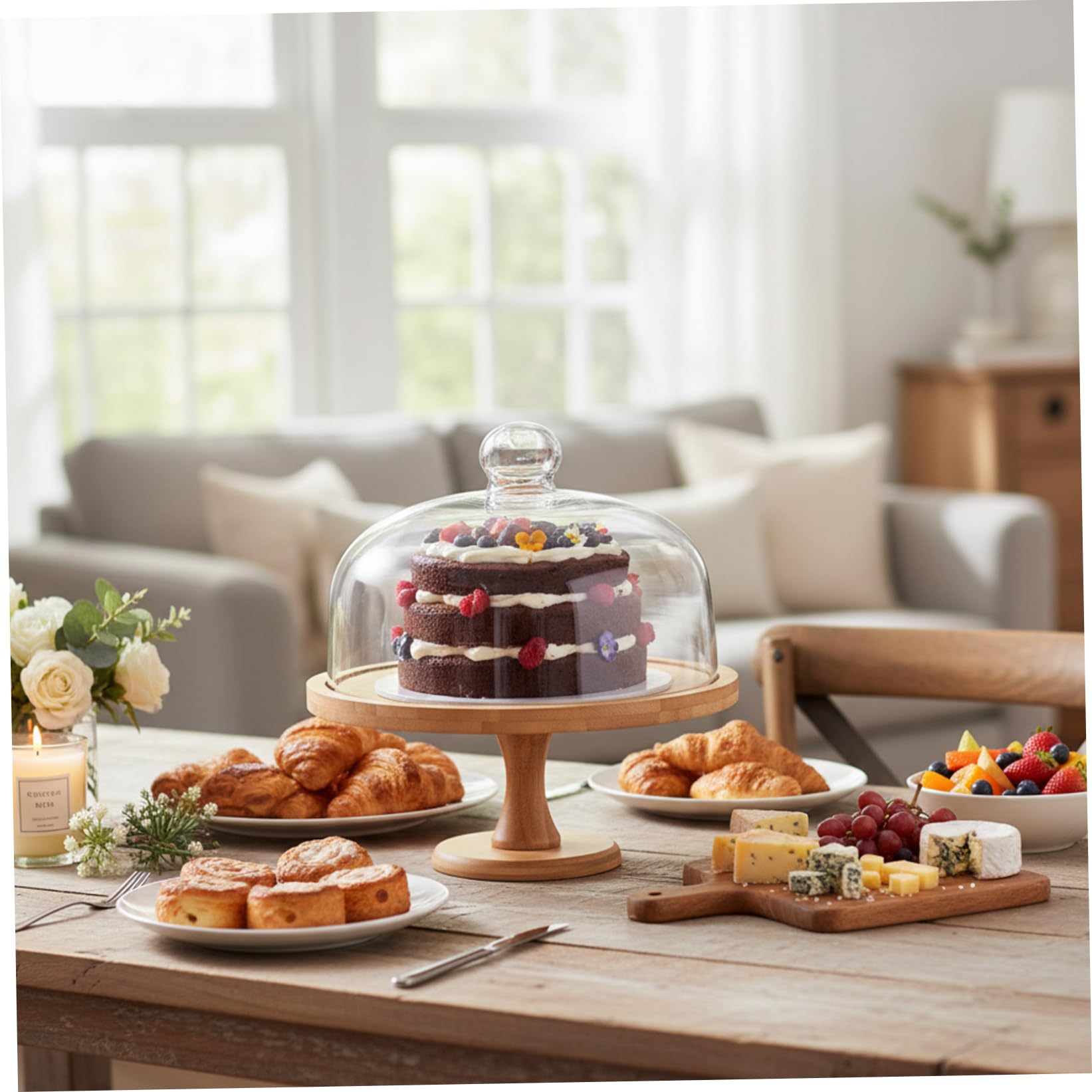 Soporte para tartas con tapa de cúpula, soporte para tartas de madera de 12.0 in con cubierta de cristal para exhibición de bodas y fiestas, diseño resistente de pie alto, de varios niveles p