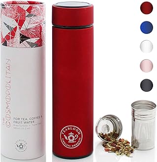 Teabloom All-Purpose Beverage Tumbler - 16 oz - 480 ml - Brushed Metal Insulated Water Bottle/Tea Flask/Cold Brew Coffee Mug - Extra-Fine Two-Way Infuser Travel Bottle - Ruby Red