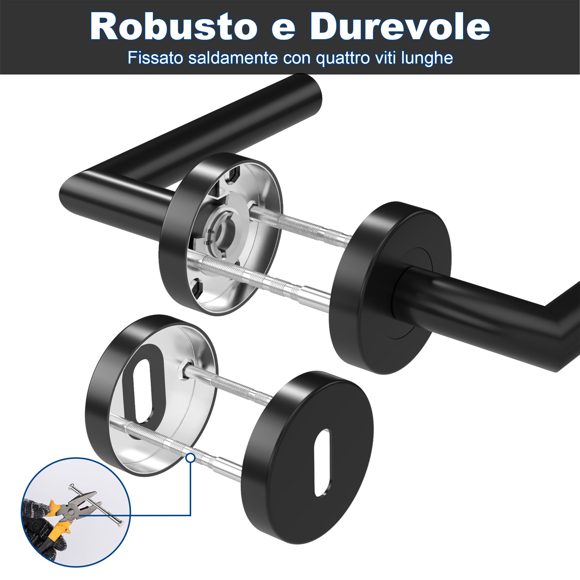 Maniglie per Porta Interne 4 Pezzi, Maniglia per Porta in Acciaio Inox con Rosetta Arrotondata Ø 52 mm, Nero Opaco, Forma di L, BB-Chiave a Profilo Tondo