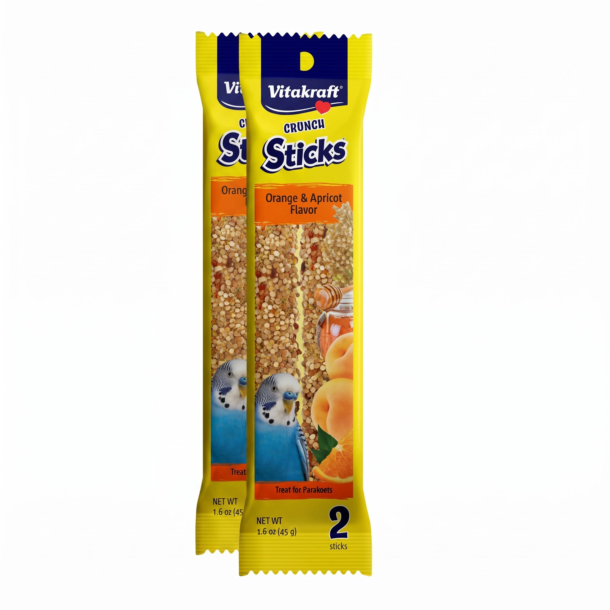 Vitakraft Crunch Sticks Parakeet Treat – 2 Sticks in Orange and Apricot Flavor – Triple Baked with Natural Wood Center – Added Vitamins and Minerals with Cage Clip Holder for Long-Lasting Enrichment