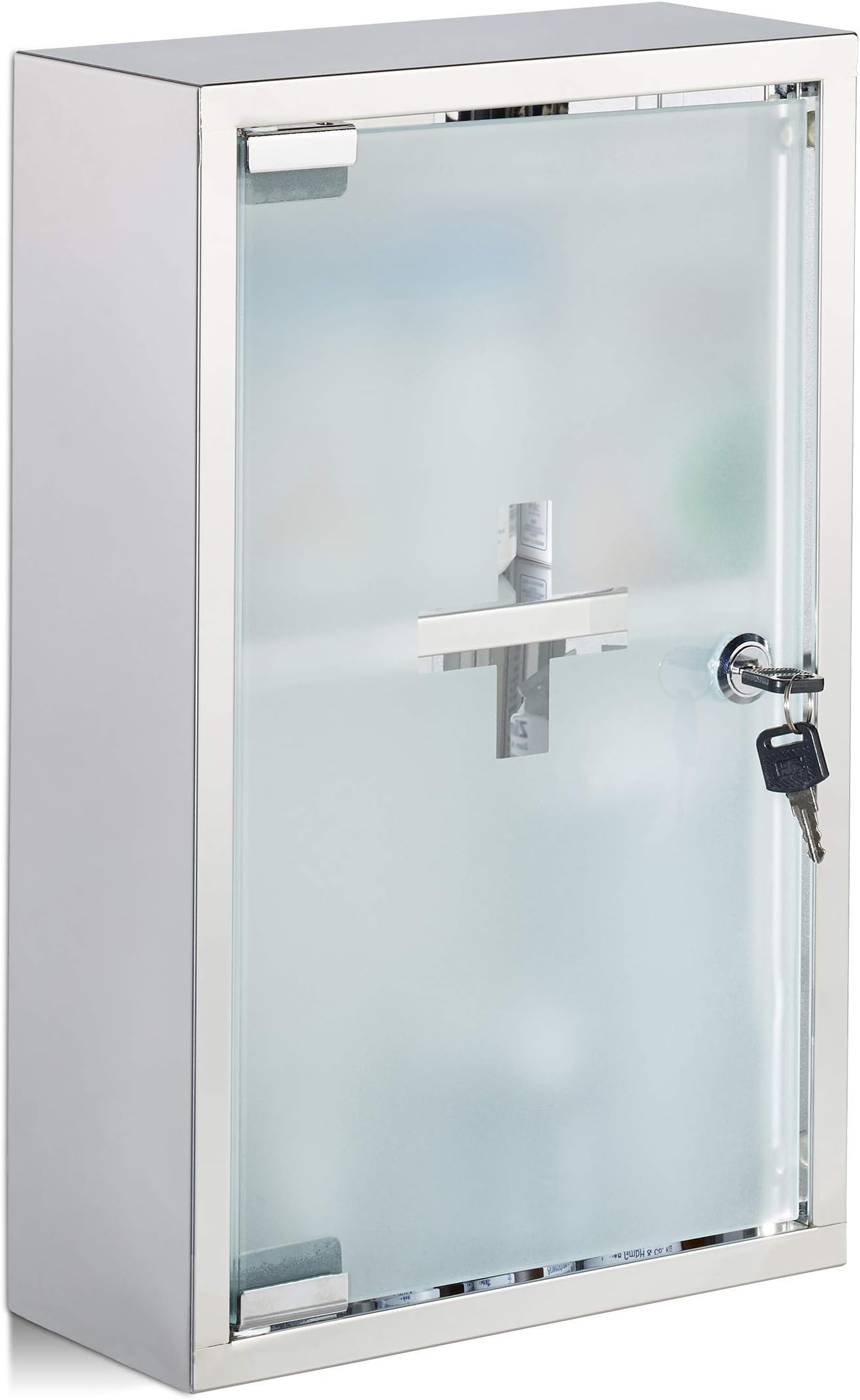 RelaxdaysStainless Steel Cabinet, Glass Door, 2 Compartments, Lockable, Home Pharmacy, Shiny, Silver, H x W x D: app. 40 x 25 x 11 cm