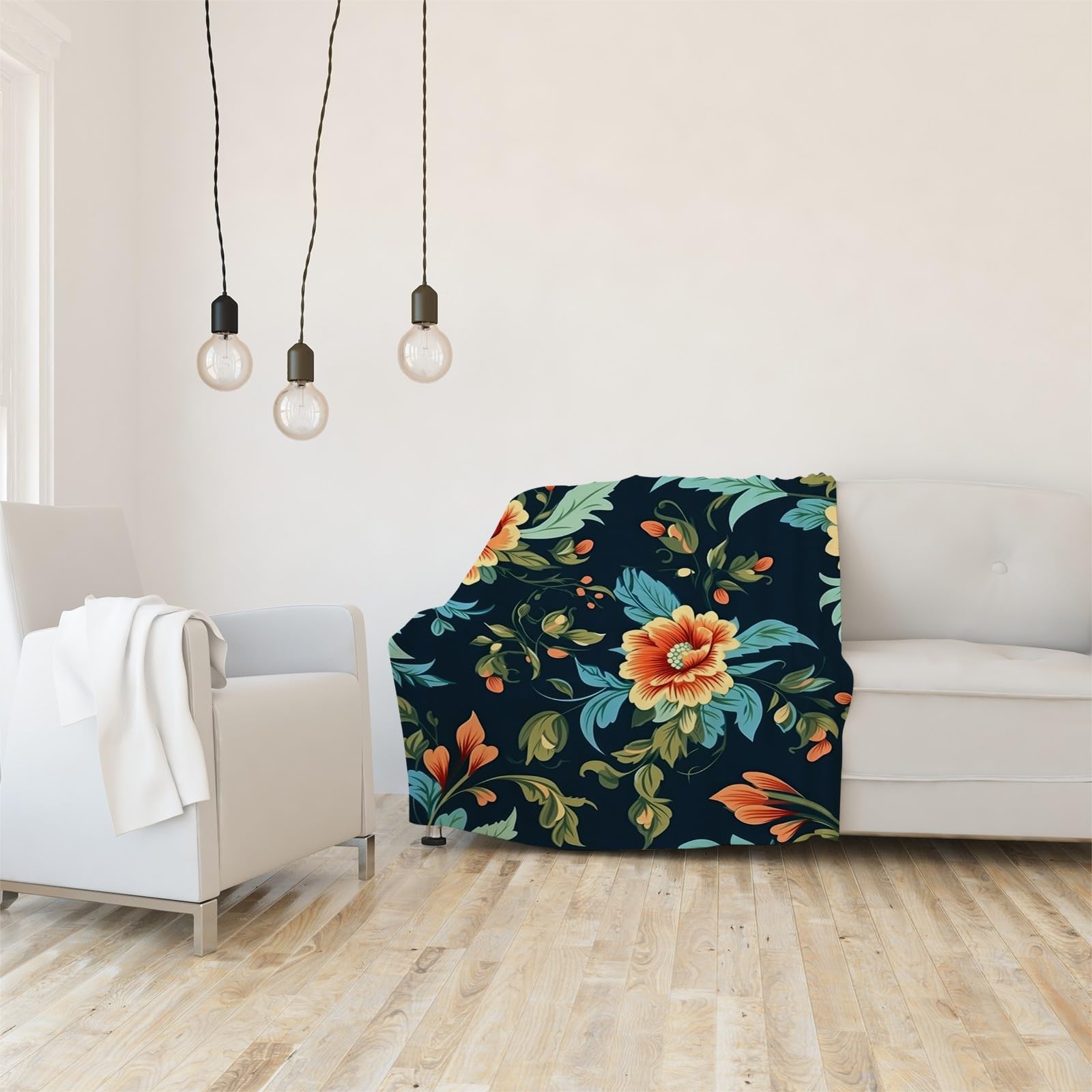Generisch Puszysty koc do wtulania się w pomarańczowe kwiaty, 200 x 200 cm, miękki i dwustronny, ciemnoniebieski koc polarowy, idealny koc na sofę i łóżko, AL35