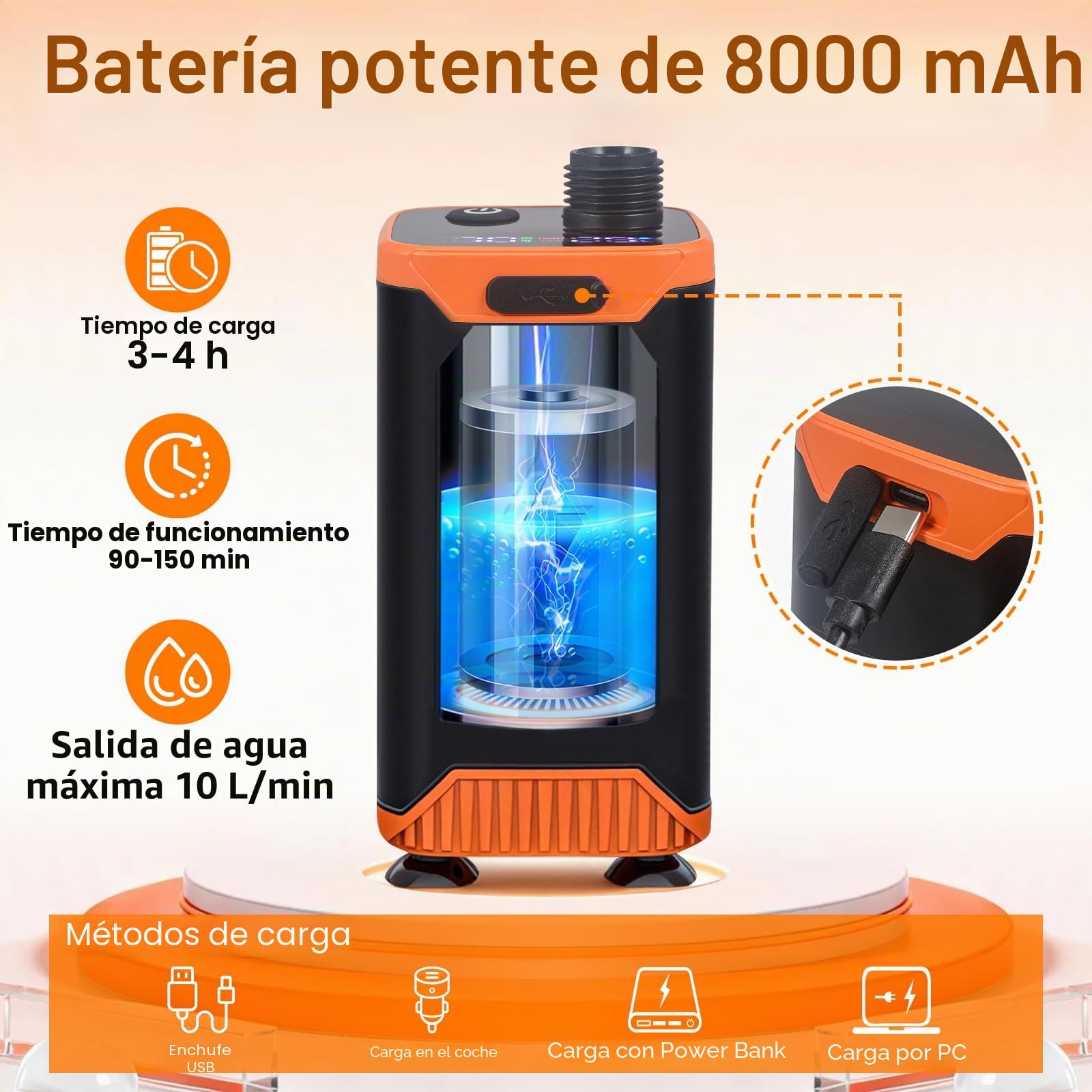 Ducha Portátil de Camping, Bomba Recargable 8000 mAh con Doble Velocidad, IPX8, Pantalla Digital Inteligente - Kit para Exteriores Ideal para Viajes, Lavado de Coches y Baño de Mascotas