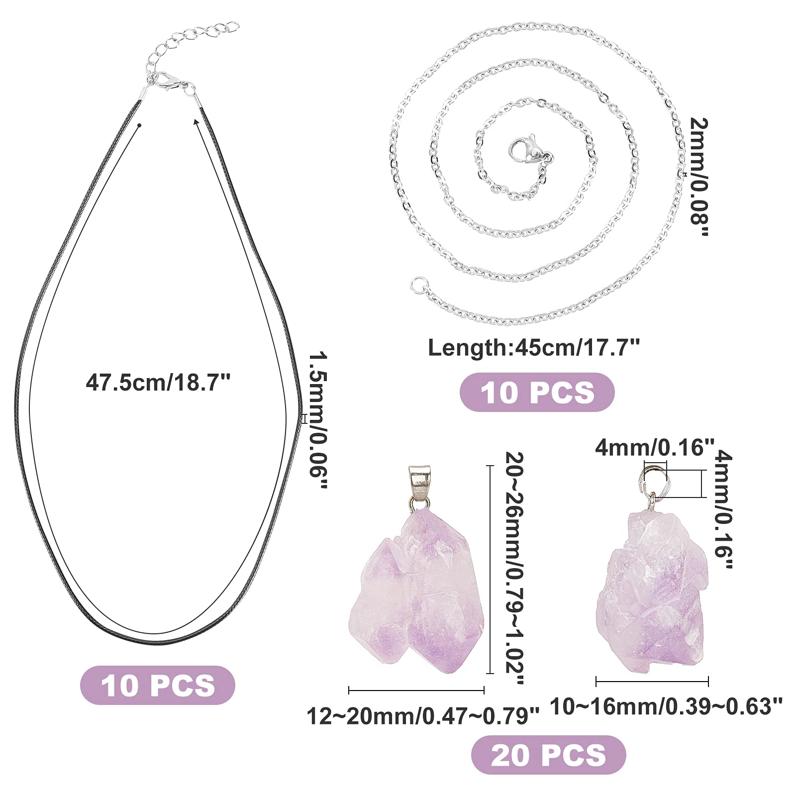 SUNNYCLUE 20Pcs Natural Amethyst Stone Necklace Irregular Rock Pendants Healing Crystal Gemstone Charms with 2 Styles 20Pcs Waxed Cotton Cord Necklace,Stainless Steel Necklaces for Necklace Making - Image 2